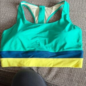 Stylish Women's Bikini Top in Green, Blue, and Yellow